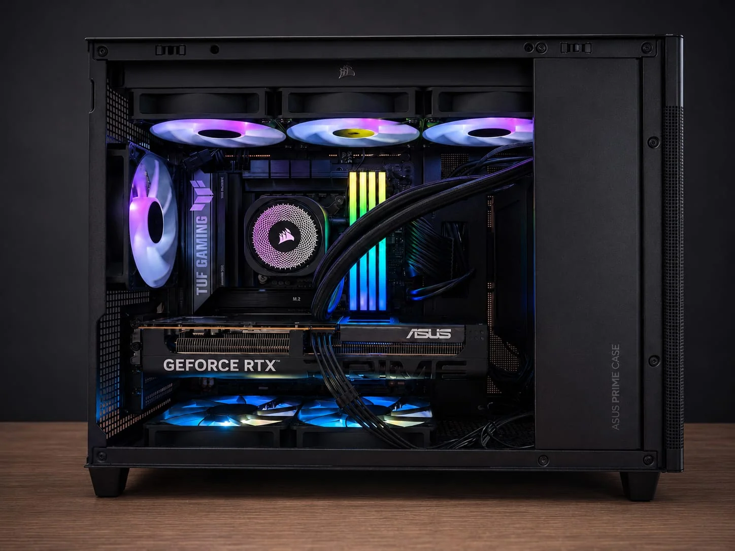 Ready PC powered on with RGB lighting